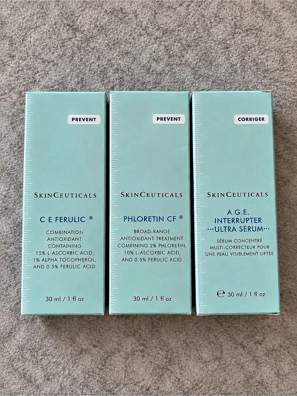 SkinCeuticals C E Ferulic, Phloretin CF, and A.G.E. Interrupter Ultra Serum Trio